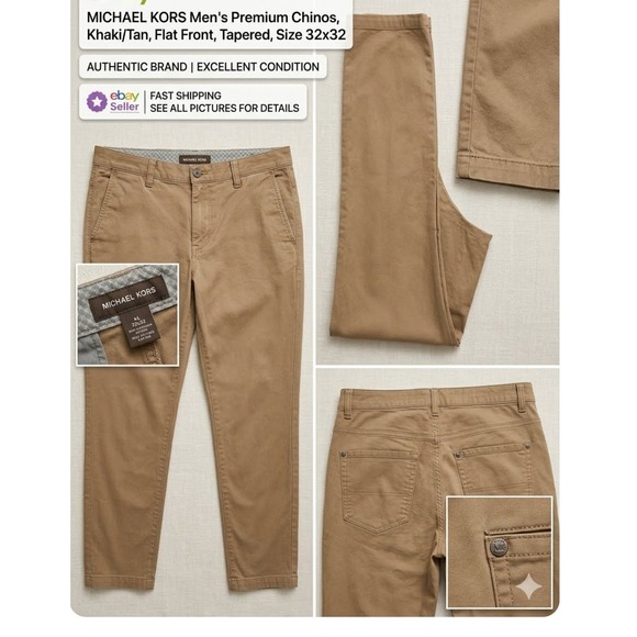 Michael Kors Other - Michael Kors Mens Premium Chinos Khaki Tan Flat Front Tapered Pants Size Medium
